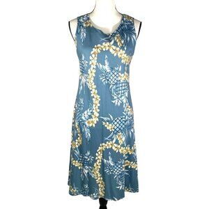 Hilo Hattie Hawaiian Floral Sleeveless Midi Dress M Blue tan 100% Rayon Tropical
